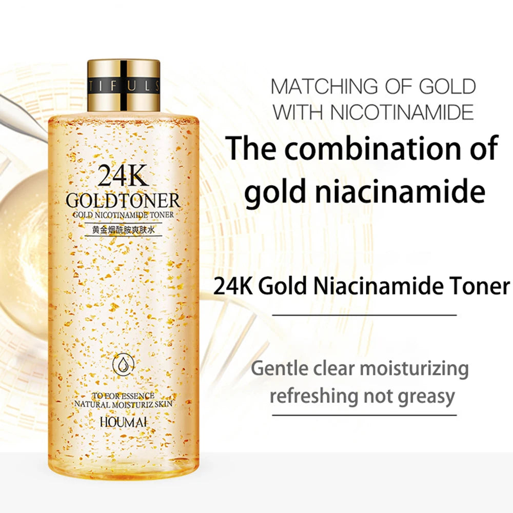 24K Gold Nicotinamide Face Toner Moisturize Oil Control Shrink Pores Anti Aging Fade Fine Lines Brighten Tone Skin Care 300ml