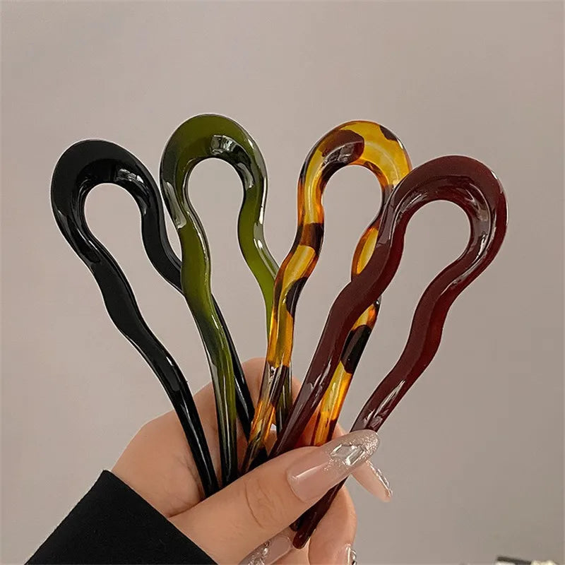 U-Shaped Hair Fork Fashion Tortoiseshell Acetate Acrylic Hairpin Geometric Design Headwear Hair Sticks Women Girls