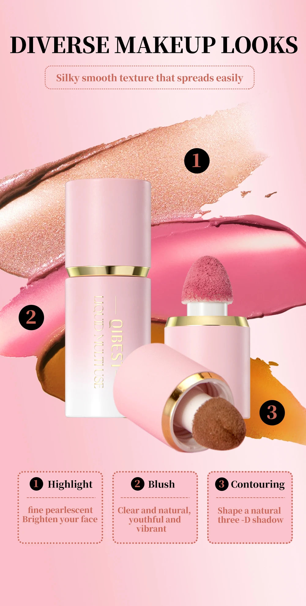 QIBEST Matte Face Liquid Blusher Smooth Cheek Eye Blush Highlighter Multi-Use Stick Rouge Lasting Liquid Contour Bronzer Makeup