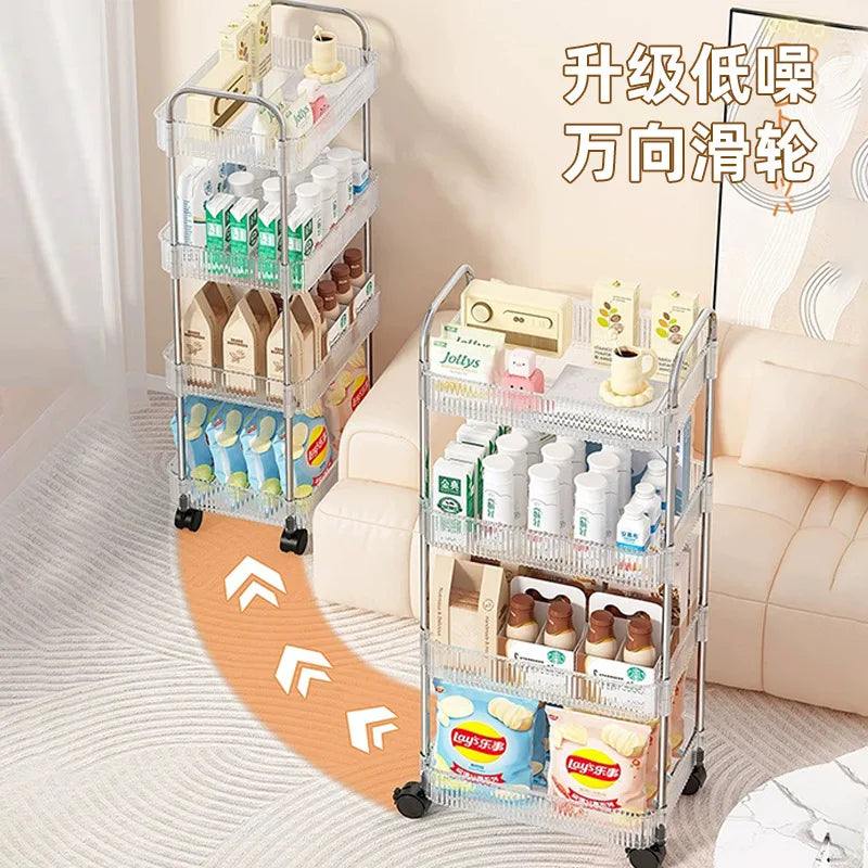 2/3/4 Layers Transparent Storage Rack with Wheels, Home Trolley Cart Suitable for Snacks Cosmetic Sundries and Kitchen Organizer