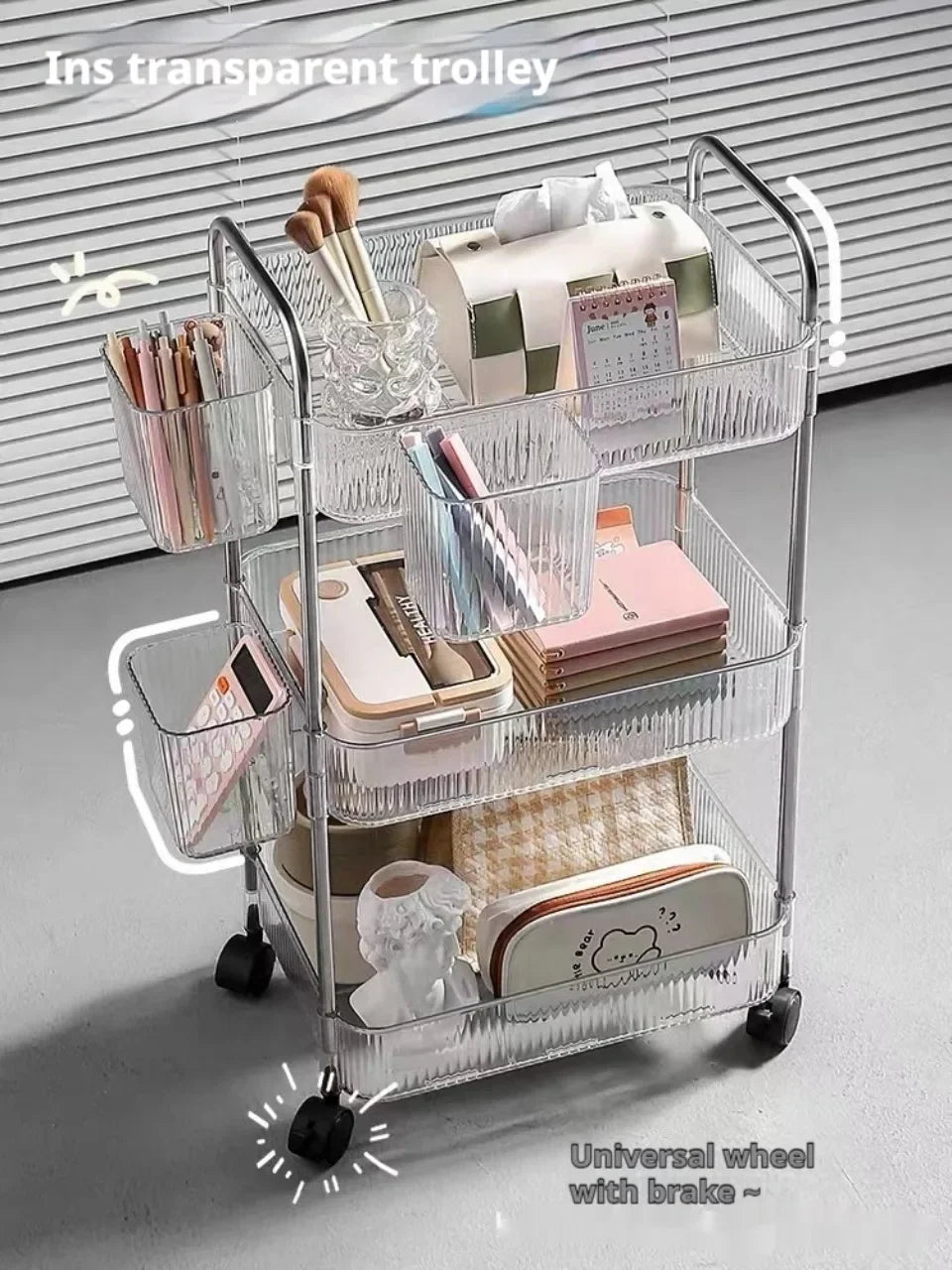 2/3/4 Layers Transparent Storage Rack with Wheels, Home Trolley Cart Suitable for Snacks Cosmetic Sundries and Kitchen Organizer