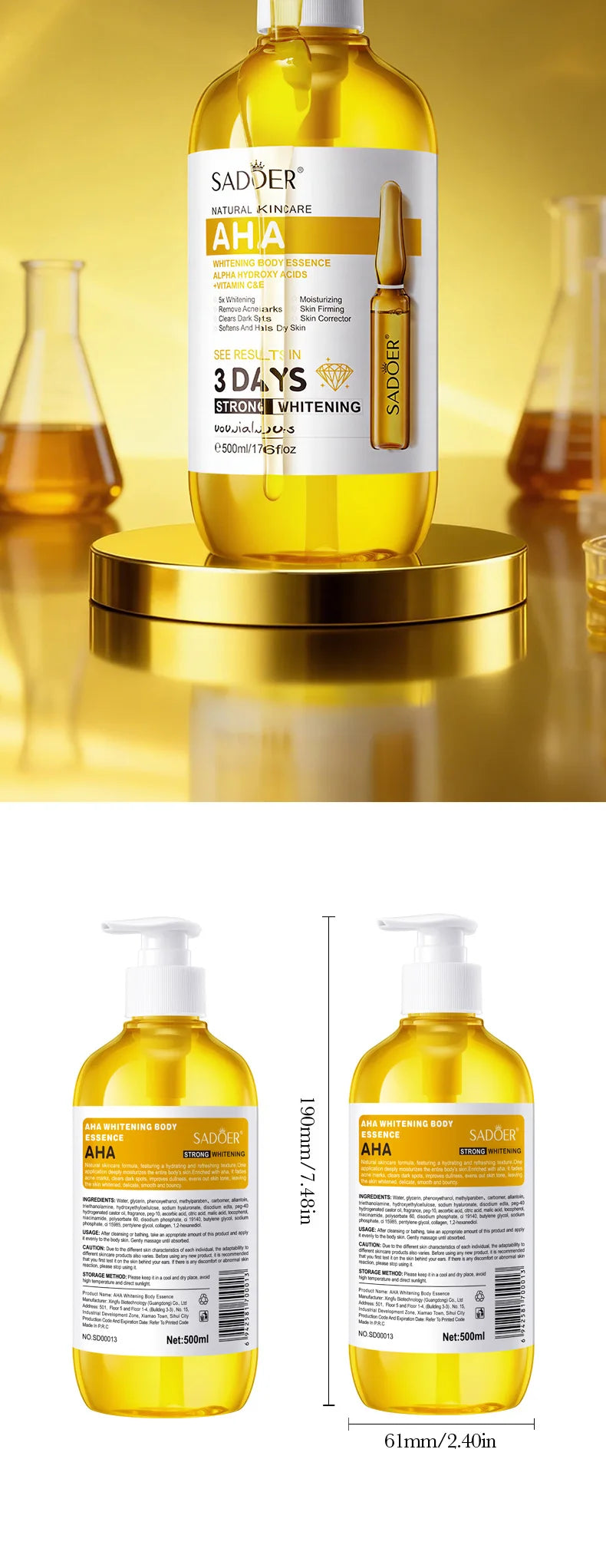 SADOER AHA Whitening Body Essence 500ml Moisturizing Brightening Face Serum Improve Dull Skin Full Body Hydrating Skin Care