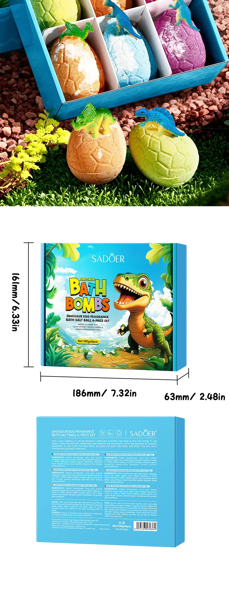 6*100g Dinosaur Egg Bath Salt Ball Essential Oil Bubble Bath Bombs Moisturizing Exfoliating Spa Salts for Shower