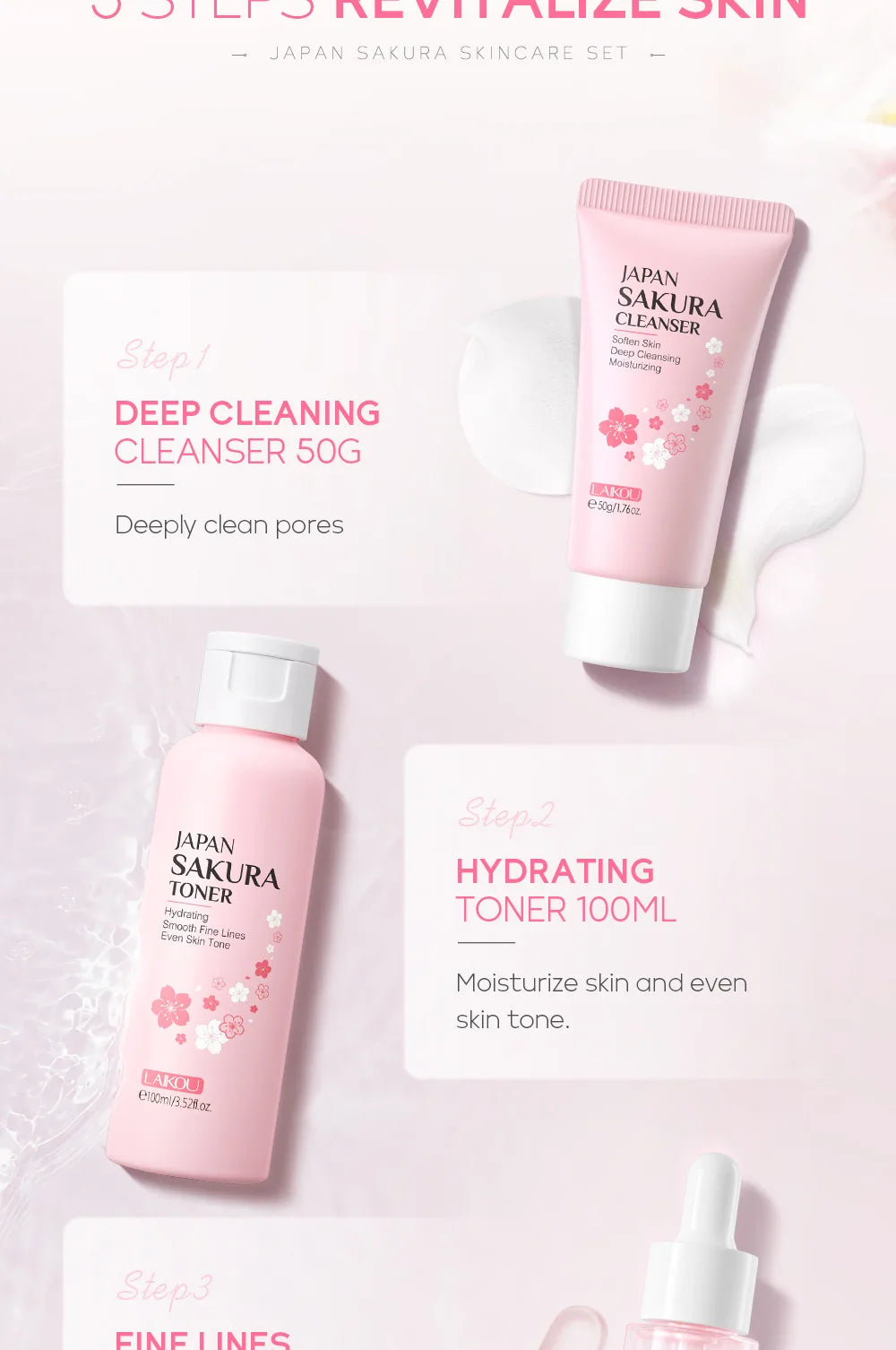 LAIKOU Sakura 5pcs Skin Care Kit Cleanser Toner Serum Eye Cream Essence Cream Moisturizing Beauty Gift Box For Women ﻿