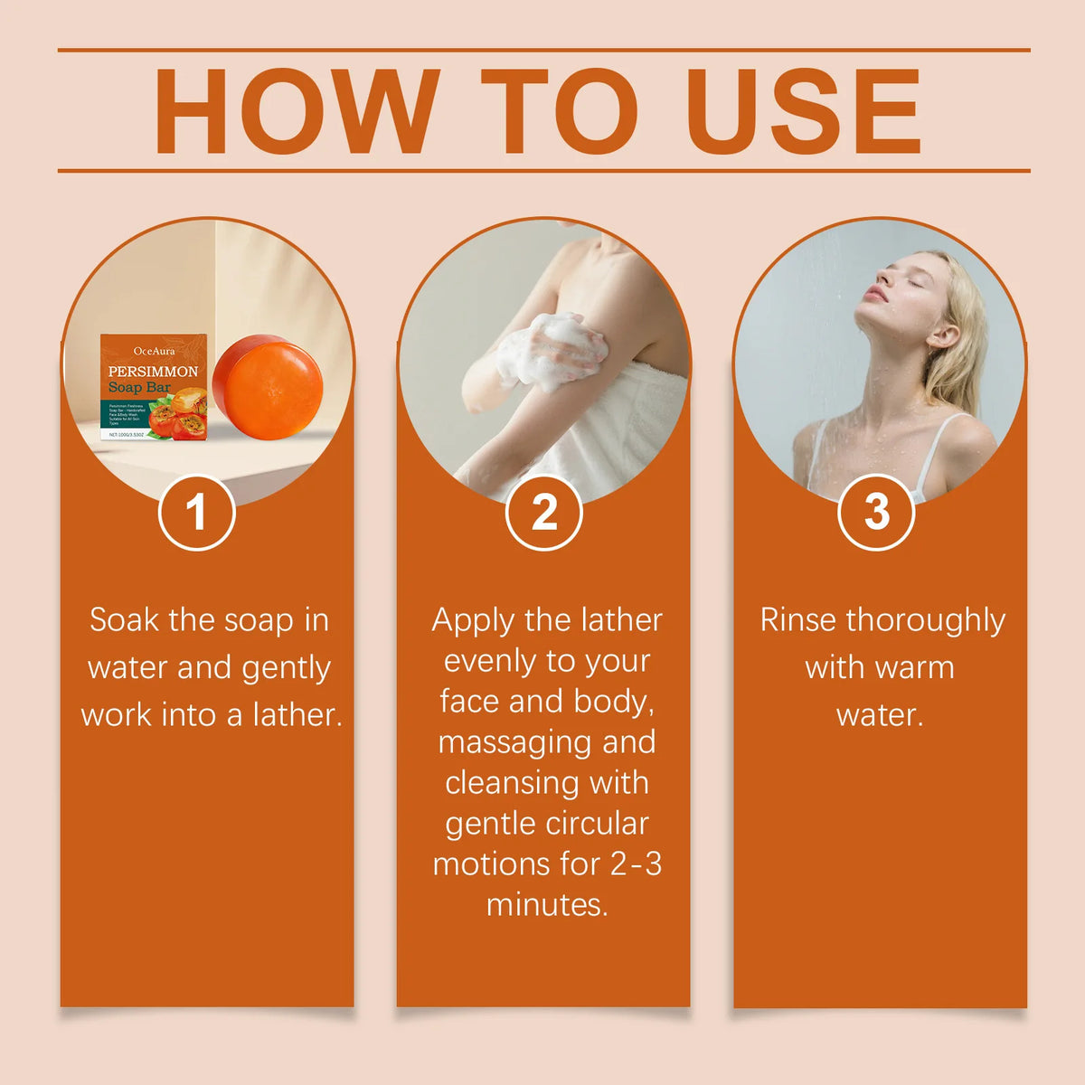 OceAura Persimmon Shower Gel Set Rich Foam Softens Skin Deep Cleansing Long Lasting Fragrance Natural Fruit Extracts Soap Bar