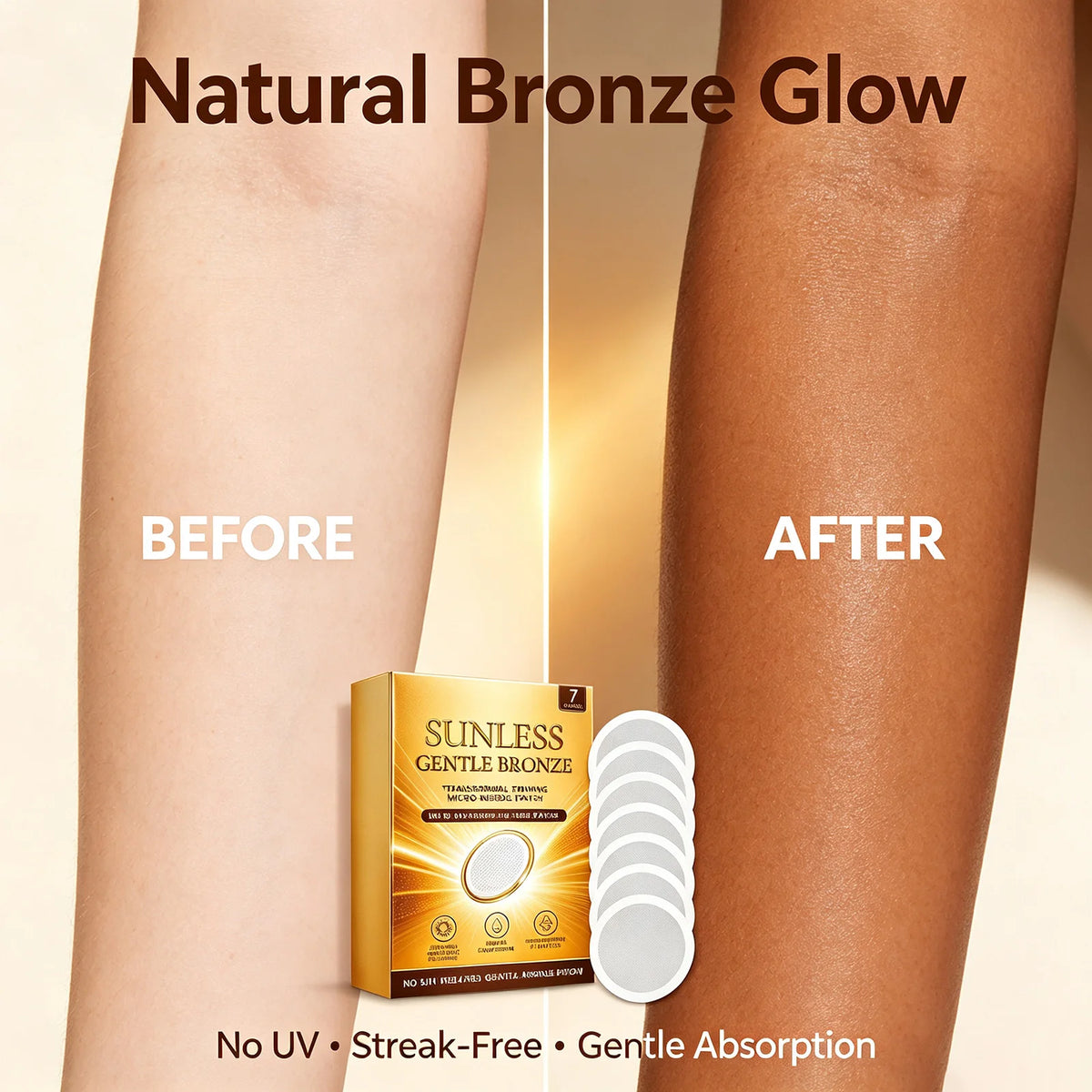 Sunless Gentle Bronze Transdermal Tanning Micro-Needle Patch 7 Patches Natural Bronze Glow for Body, Mess-Free Self-Tanner