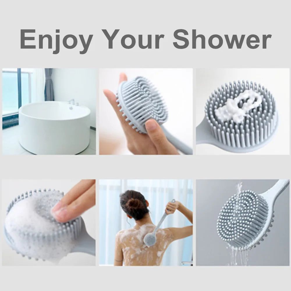 Silicone Scrubber Long Handle Exfoliating Shower Brush Double Sided Back Cleaning Dirt Remover Massage Bathing Body Skin Care