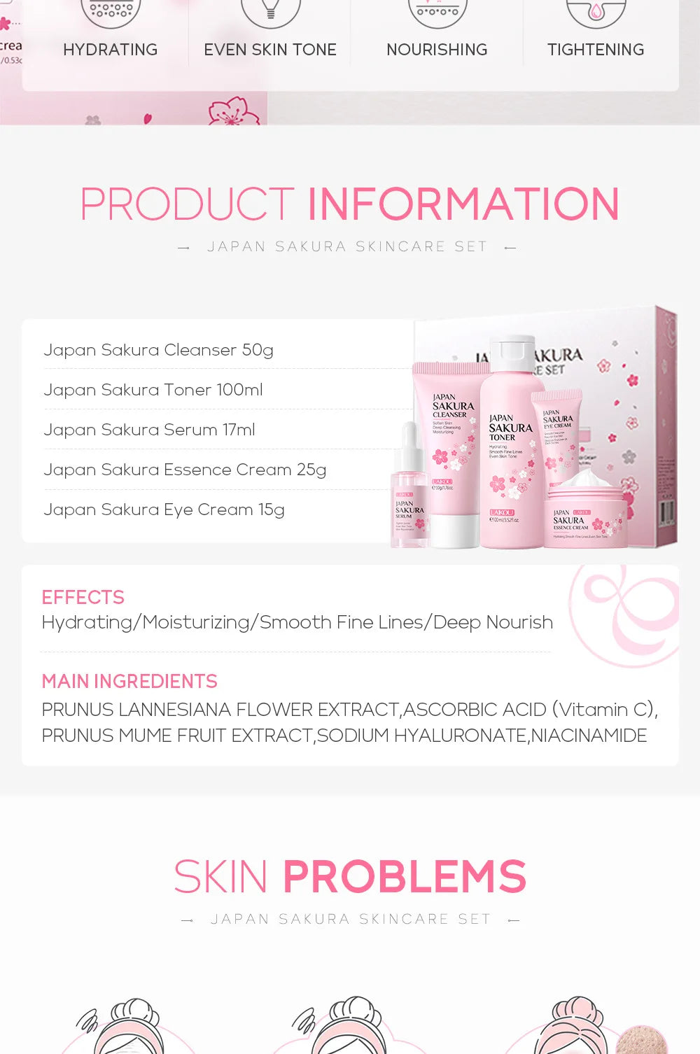 LAIKOU Sakura 5pcs Skin Care Kit Cleanser Toner Serum Eye Cream Essence Cream Moisturizing Beauty Gift Box For Women ﻿