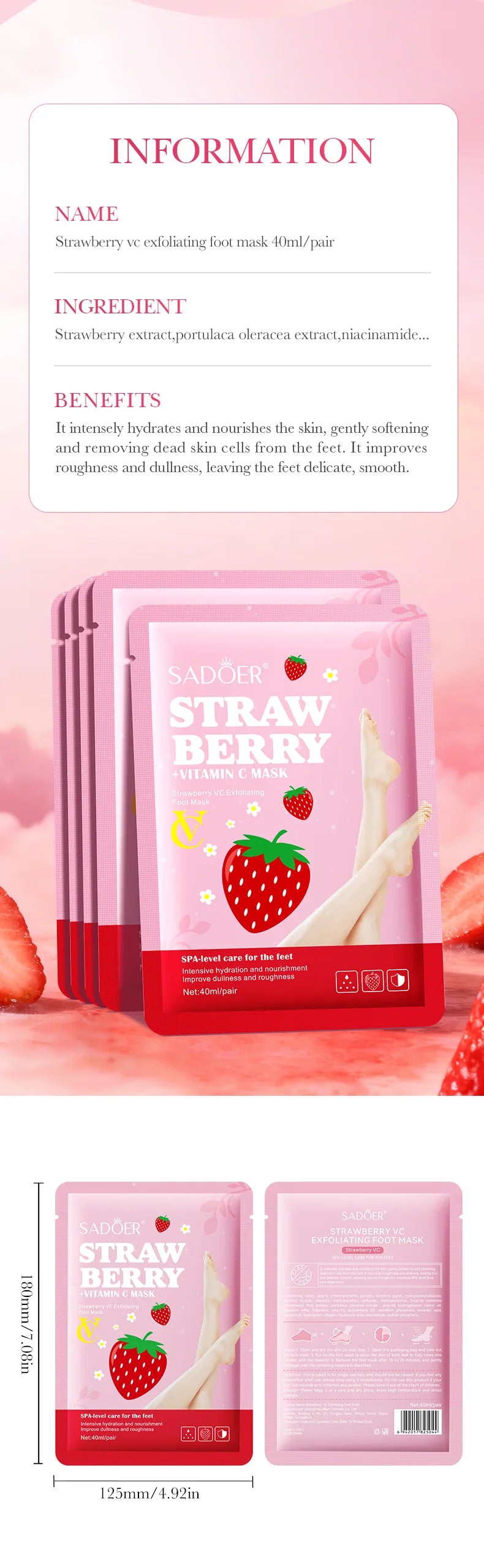 5 Pairs SADOER Strawberry Foot Mask Moisturizing Whitening Foot Peeling Mask Exfoliating Feet Spa Pedicure Exfoliant Skin Care