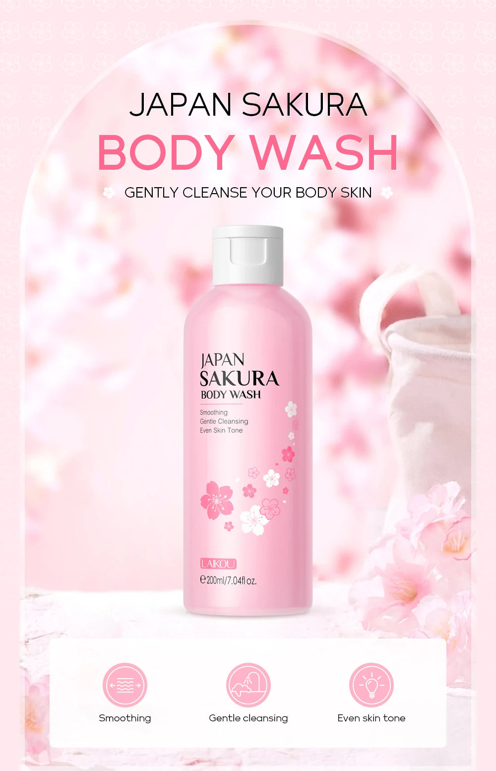 LAIKOU Japan Sakura Body Wash Gentle Cleanser Smoothing Shower Gel Skin Brightening Treatment Amino Acid Formula