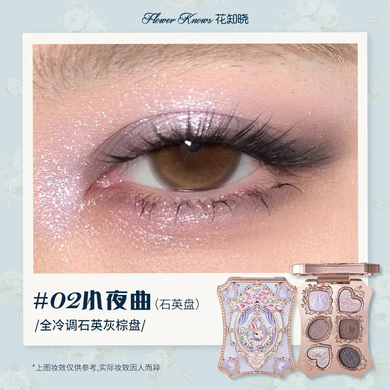 Flower Knows Black Swan Ballet Eyeshadow Palette Matte Fine Shimmer Pearl Face Palette 6 Colour Glitter Eye Shadow