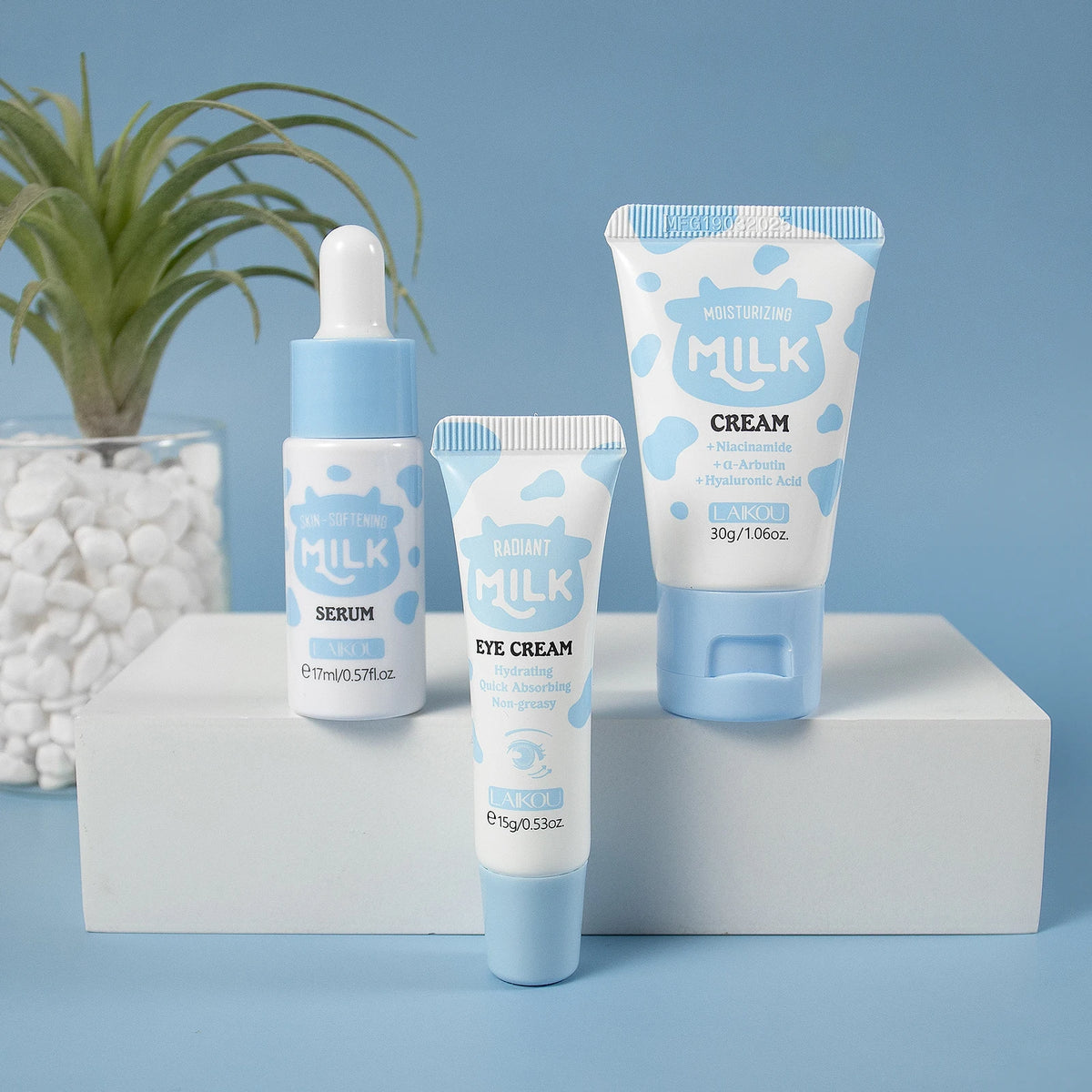 LAIKOU Milk Glowing Trio Set Deep Nourishment Kit Hydrating Skincare Non-Greasy Serum Eye Cream Moisturizer Gift Set
