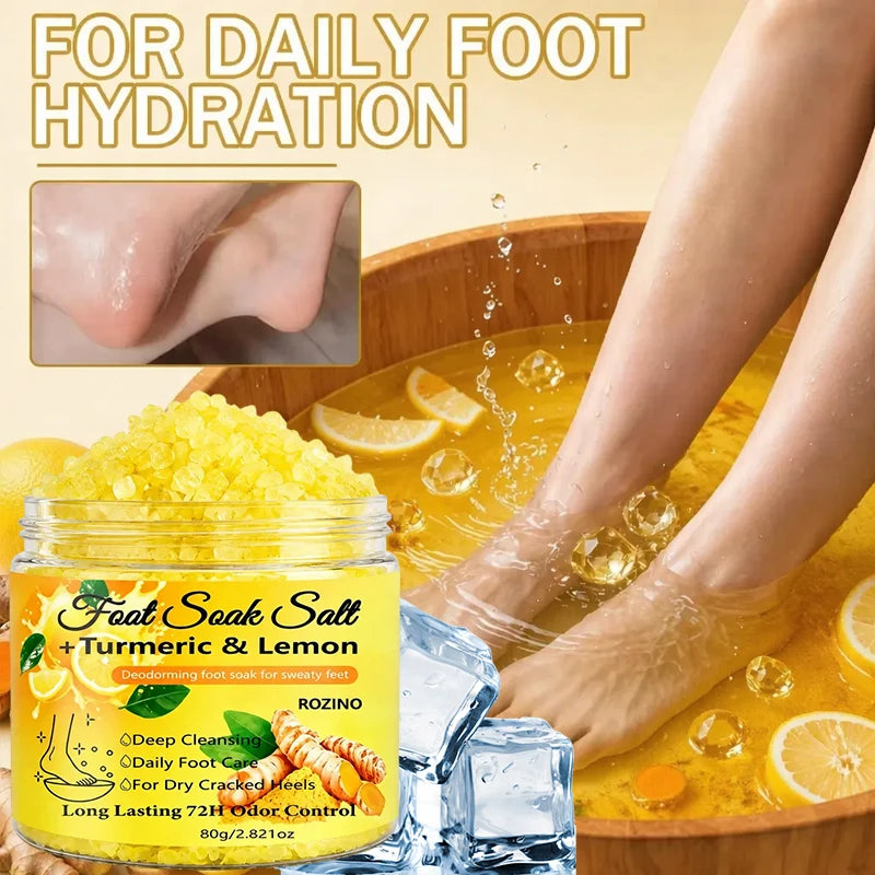 80g Turmeric Lemon Foot Bath Salt – Deeply cleansing sea salt, moisturizes heels, provides a soothing foot soak for 20 minutes, suitable for dry feet, post-exercise and bedtime care – Foot bath care, foot maintenance