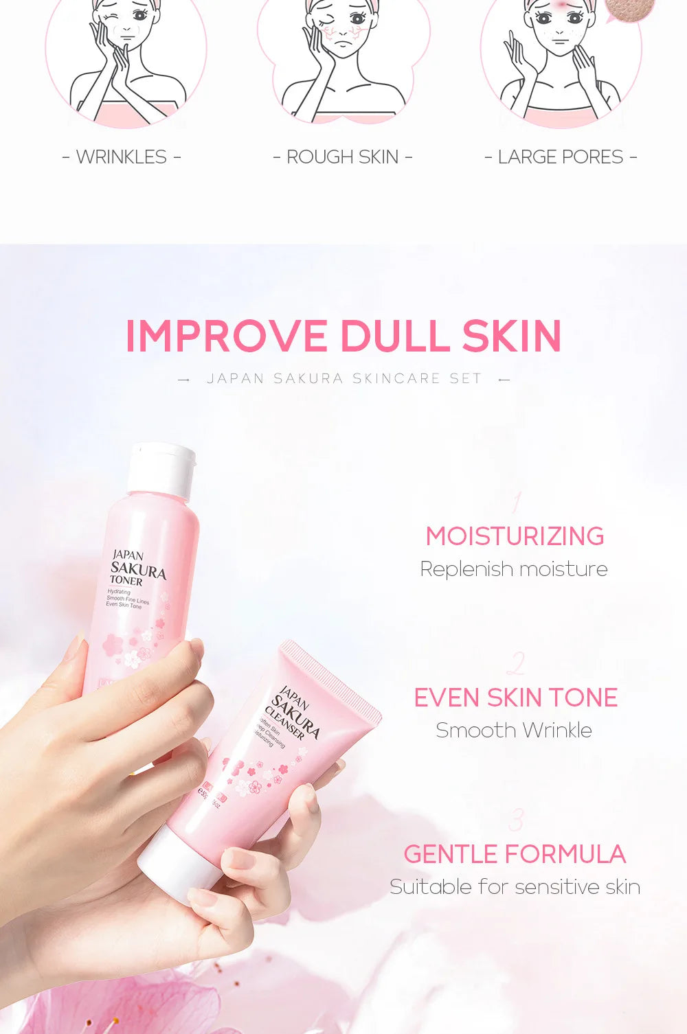 LAIKOU Sakura 5pcs Skin Care Kit Cleanser Toner Serum Eye Cream Essence Cream Moisturizing Beauty Gift Box For Women ﻿