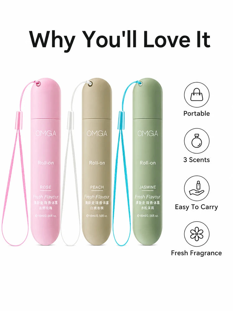 3pcs Portable Roll On Perfume Set 16ml Fresh Body Fragrance for Women Travel Size Long Lasting Scent Rose Peach Jasmine