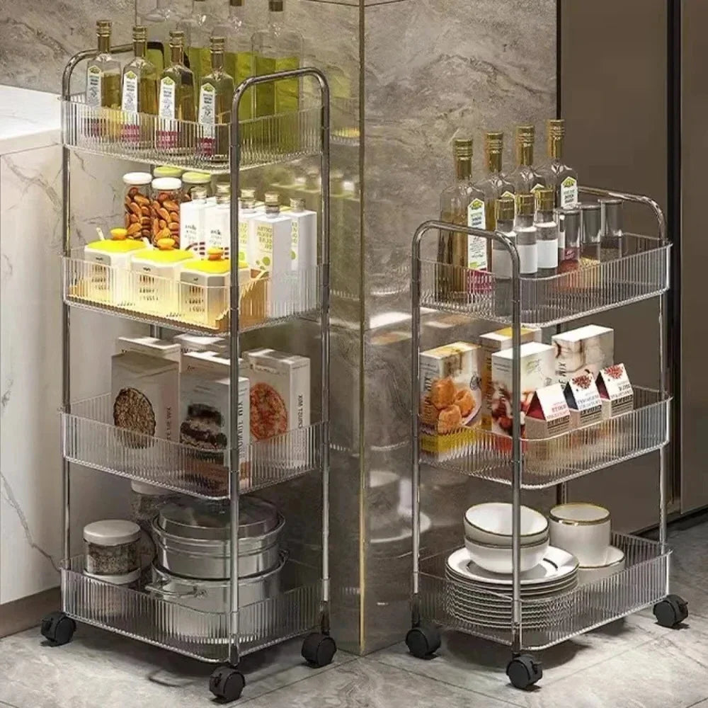 2/3/4 Layers Transparent Storage Rack with Wheels, Home Trolley Cart Suitable for Snacks Cosmetic Sundries and Kitchen Organizer