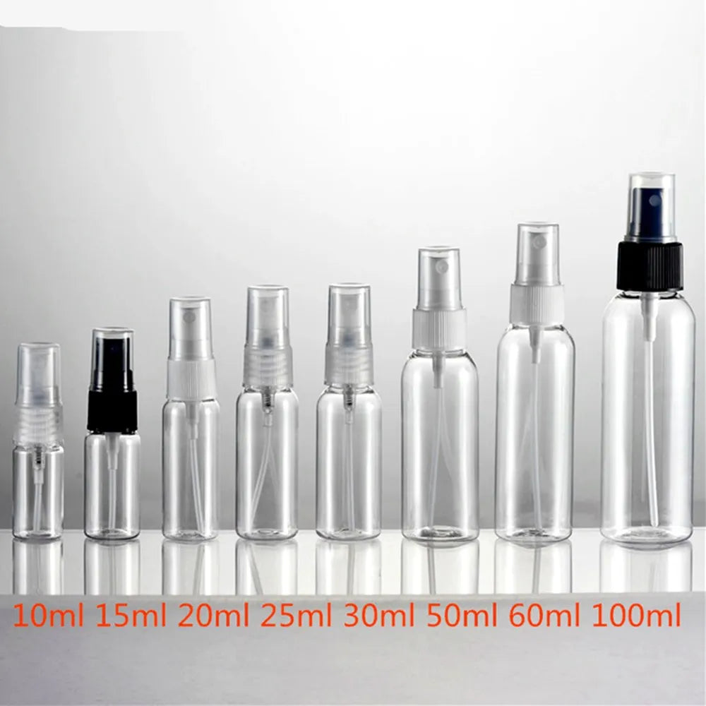 10/15/20/30/50/60/100ml 1/2oz Small Plastic Travel Clear Refillable Bottles with Fine Mist Sprayer Pump Mini Perfume Atomizer