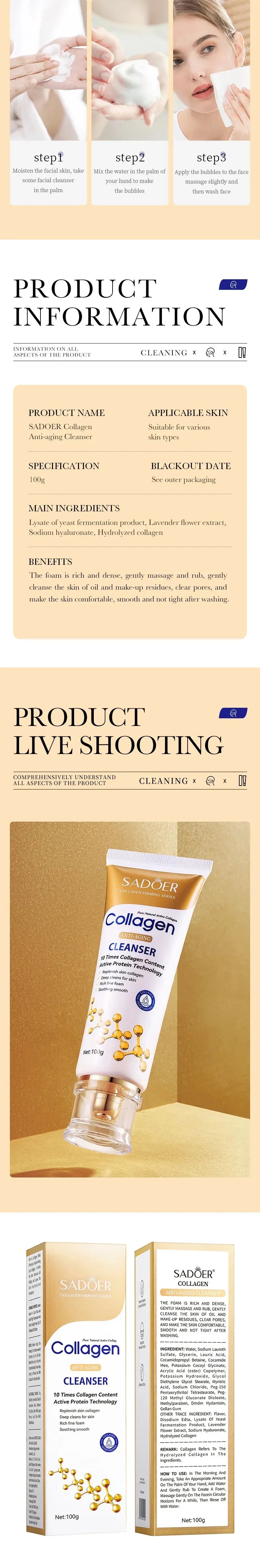 SADOER Collagen Facial Cleanser Skincare Anti Wrinkle Whitening Moisturizing Face Cleansing Face Wash Foam Cleanser Skin Care