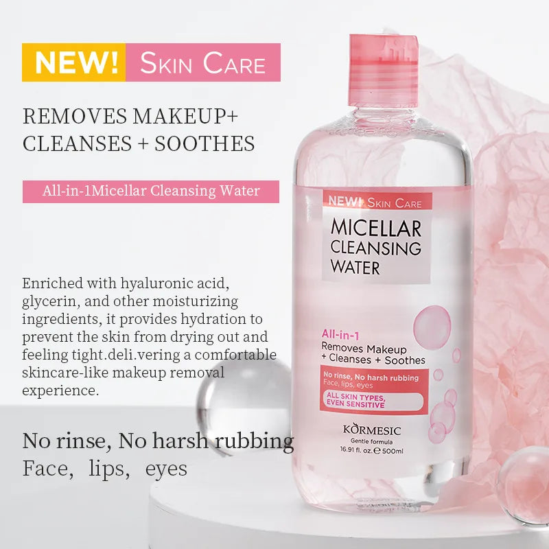 KORMESIC Micellar Water 500ml – Vit C Brightening / HA Hydrating, Removes + Cleanses, No Rinse, Face/Lips/Eyes