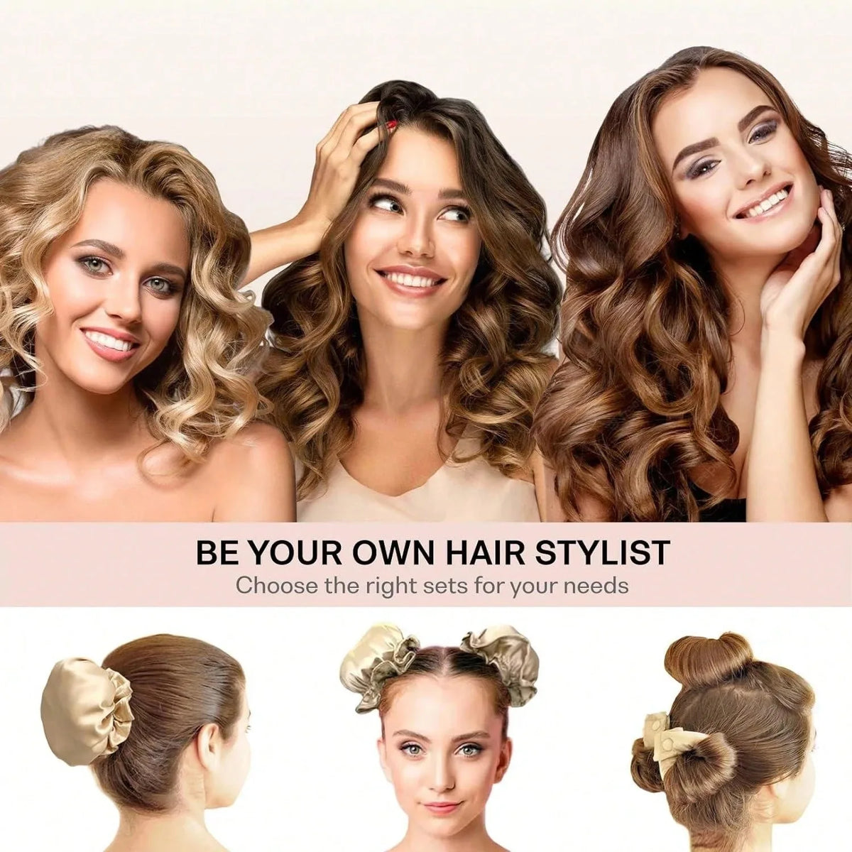 3pc Satin Heatless Curling Rod with Hair Caps, Soft Overnight Curling Rod Headband for Long Hair, DIY Hairstyling Tools