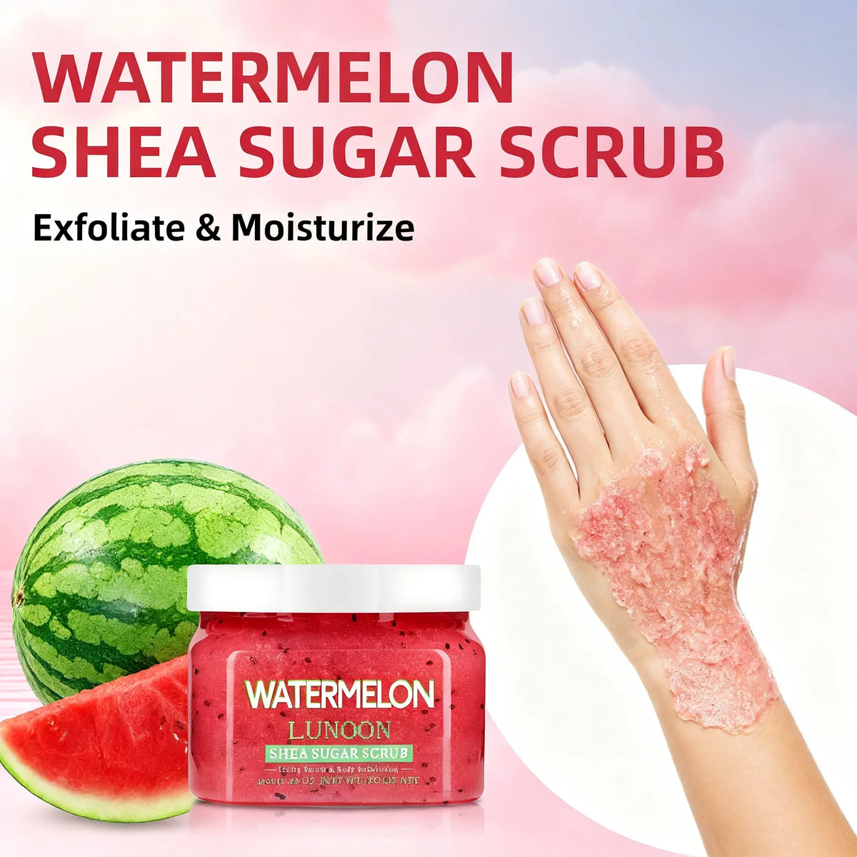Watermelon Shea Sugar Scrub 150g - Natural Body Exfoliator, Moisturizing, Smoothing, for Elbow, Knee, Back, Leg, All Skin Types