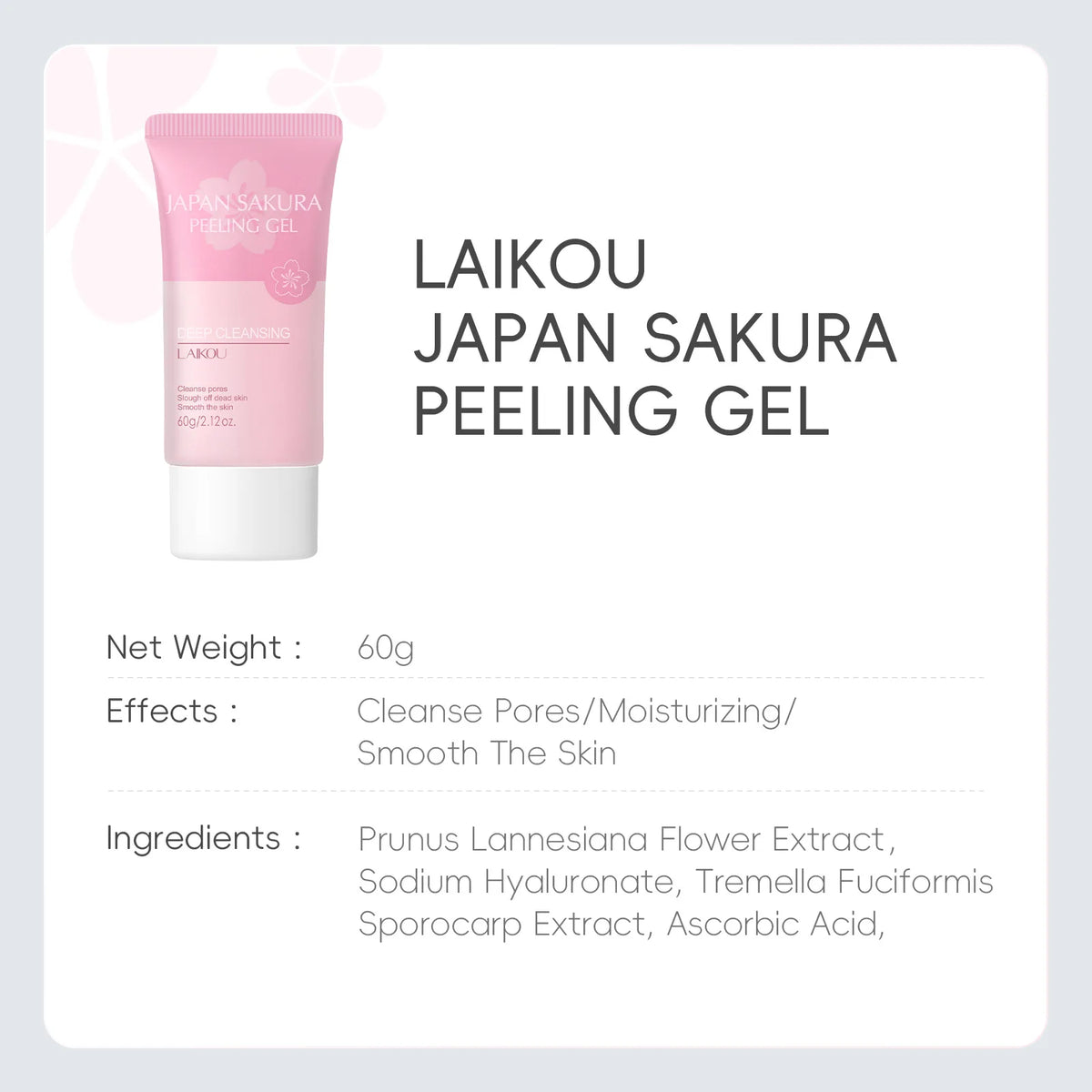 LAIKOU  Sakura Peeling Gel, Deep Cleansing Face Exfoliator, Remove Dead Skin Smooth Skin Gentle Exfoliating Scrub 60g