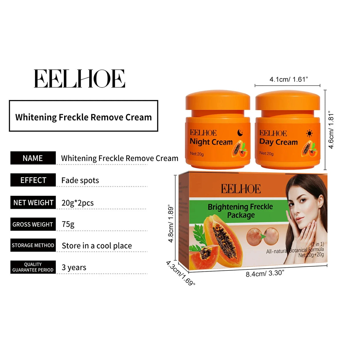 Papaya Brightening Freckle Face Cream Set Day Night Sun Spots Corrector Fade Pigment Brighten Skin Tone Day & Night Moisturizer