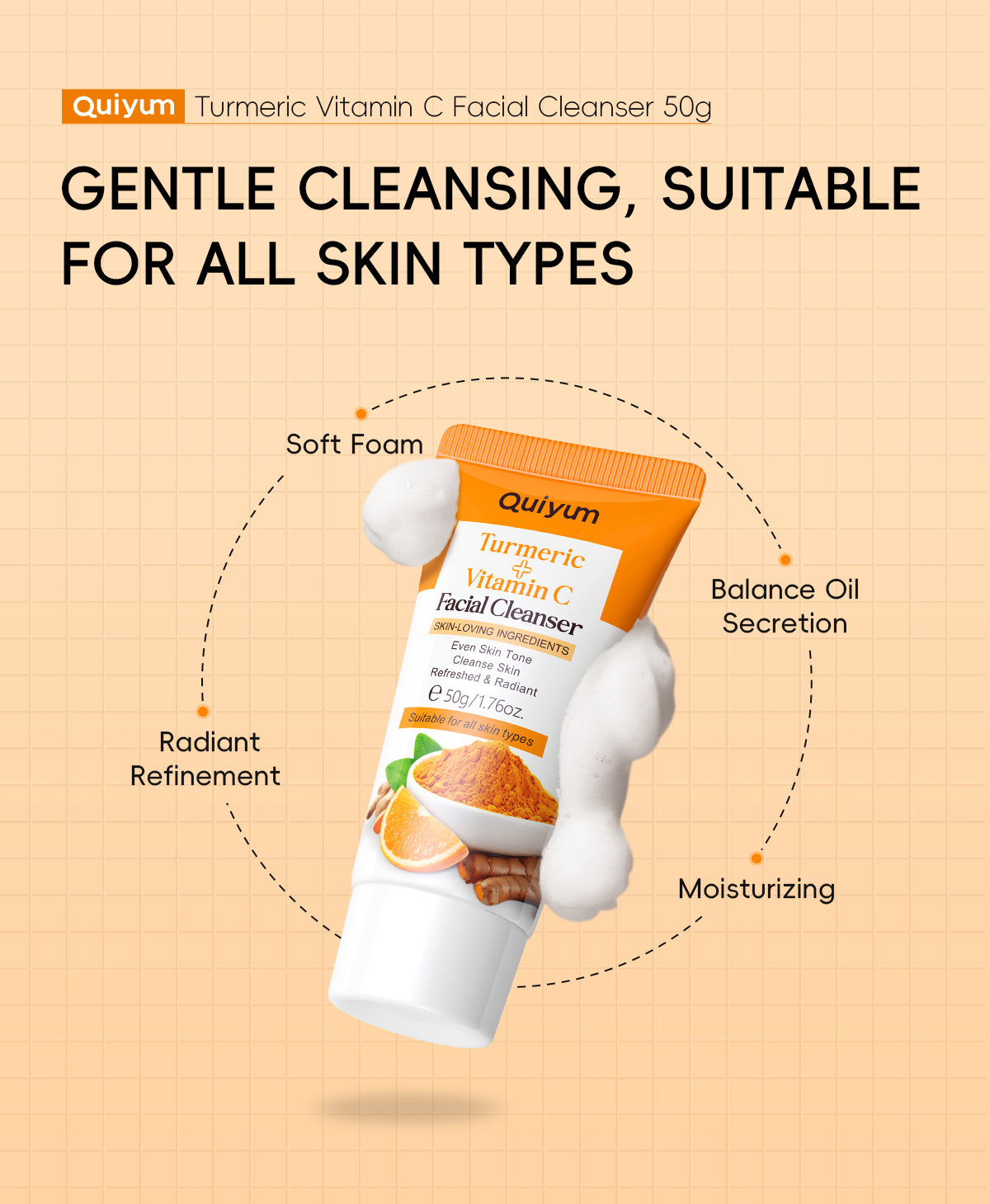 Quiyum Turmeric Vitamin C Cleanser Brighten Skin Tone Gentle Cleansing Face Wash Oil Control 50g