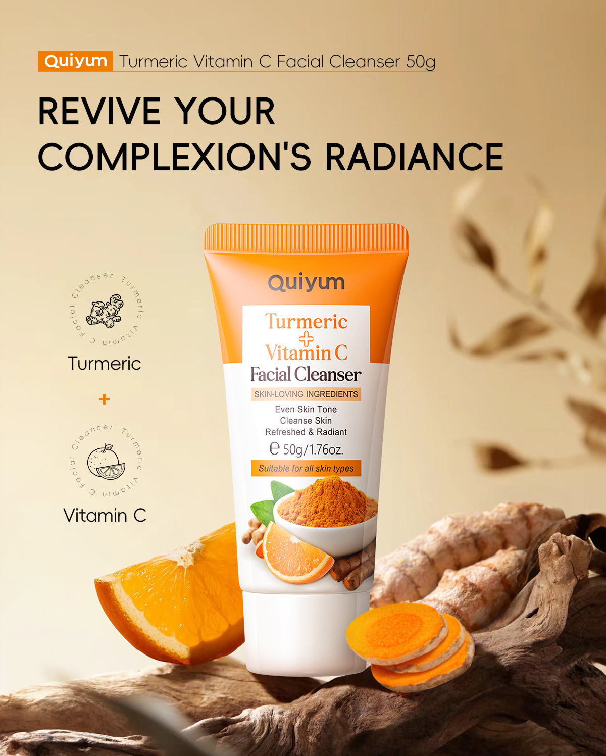 Quiyum Turmeric Vitamin C Cleanser Brighten Skin Tone Gentle Cleansing Face Wash Oil Control 50g