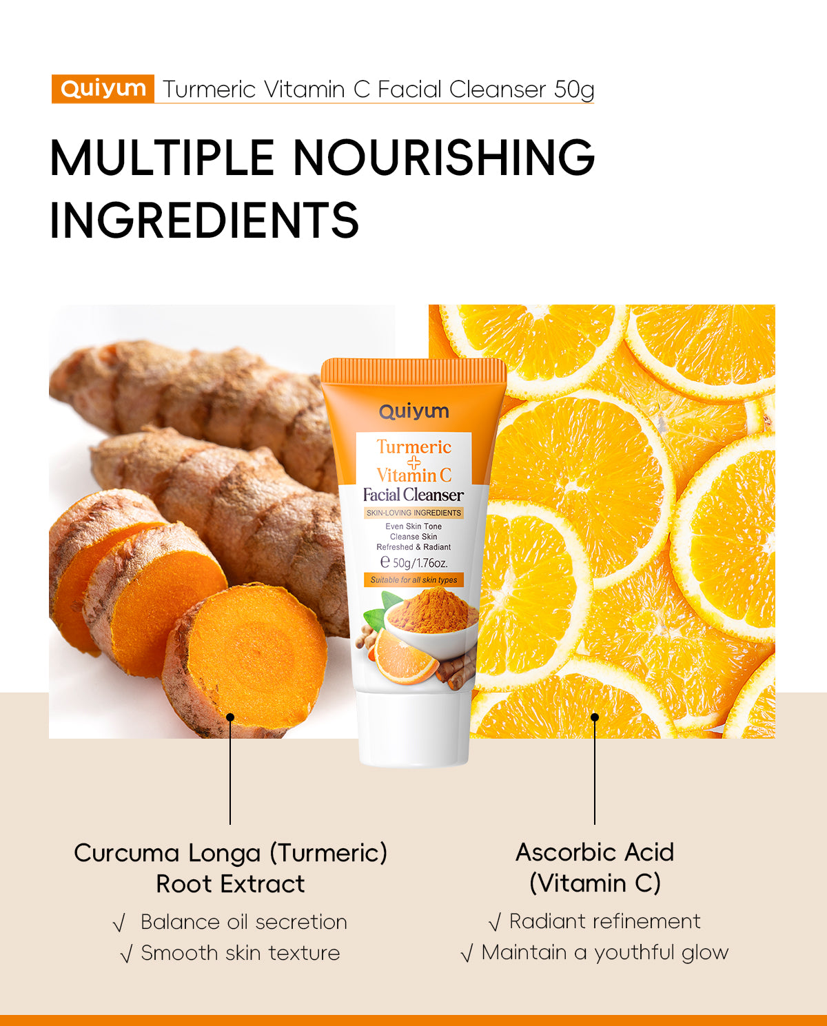 Quiyum Turmeric Vitamin C Cleanser Brighten Skin Tone Gentle Cleansing Face Wash Oil Control 50g