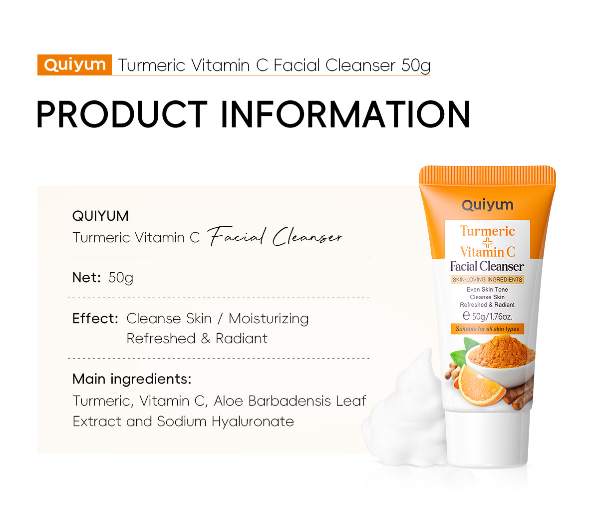Quiyum Turmeric Vitamin C Cleanser Brighten Skin Tone Gentle Cleansing Face Wash Oil Control 50g